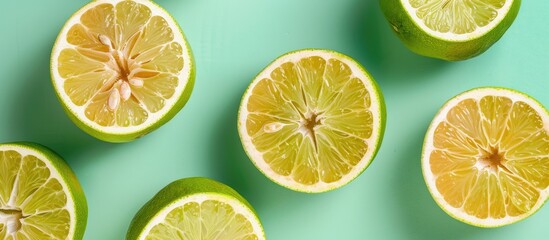 Fototapeta premium Green pomelo citrus fruit Isolated on pastel background. with copy space image. Place for adding text or design