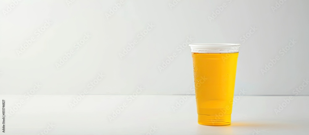 Poster yellow beer in a plastic disposable cup to go isolated on white background. with copy space image. p