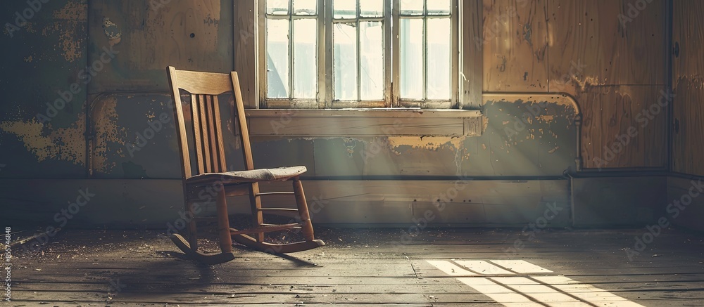 Poster vintage wooden chair near window. with copy space image. place for adding text or design