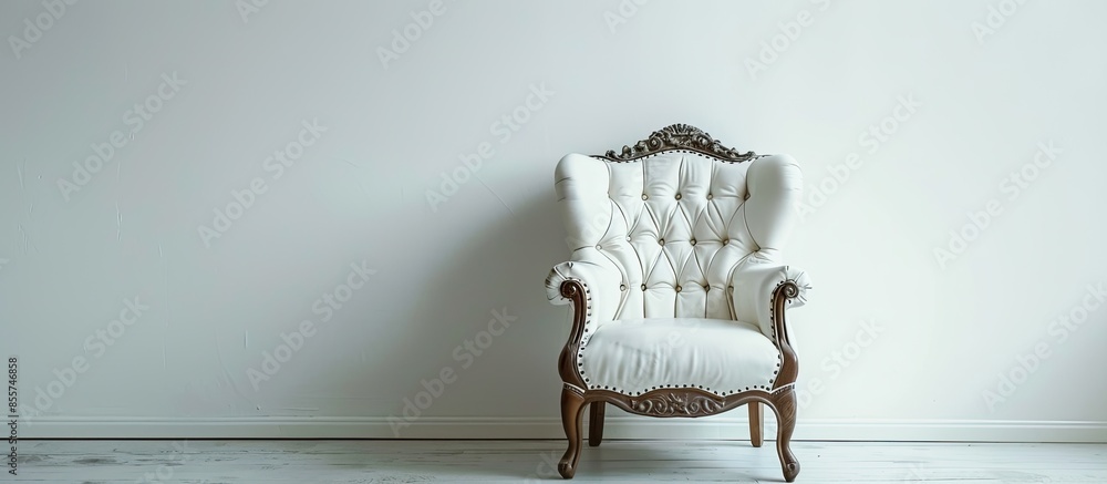 Poster ancient white leather armchair whit white wall background. with copy space image. place for adding t