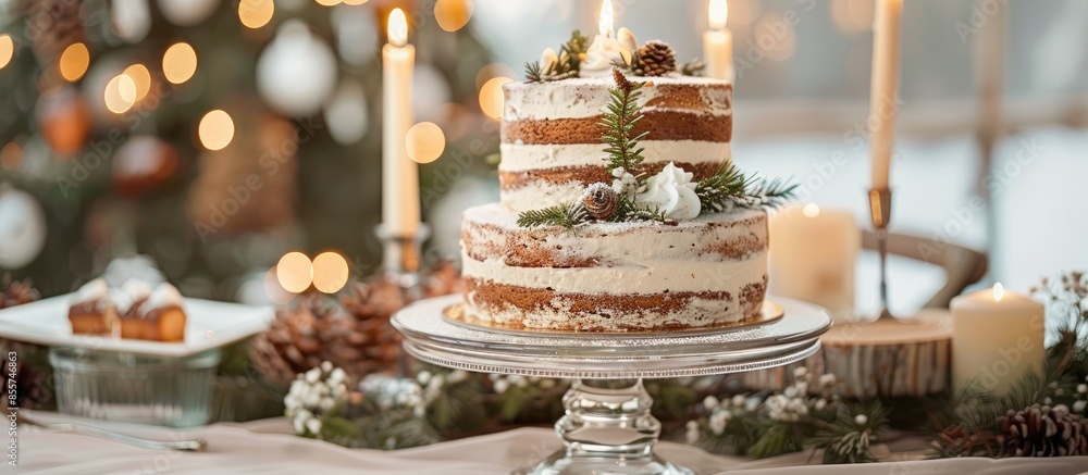 Poster Cake on a glass stand on a wedding table decorated with pine branches, candles and burlap. Copy space image. Place for adding text or design