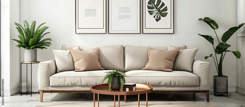 Poster Pillows on beige sofa against wall with posters in simple living room with copper table and fern. with copy space image. Place for adding text or design