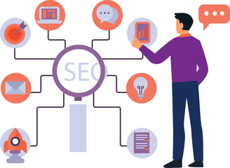 The boy is pointing at the seo marketing.