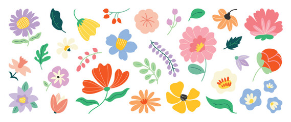 Fototapeta premium Collection of spring colorful flower elements vector. Set floral of wildflower, leaf branch, foliage on white background. Hand drawn blossom illustration for decor, easter, sticker, clipart, print.