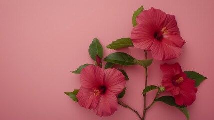 Obraz premium Three pink hibiscus flowers with green leaves on a pink background.