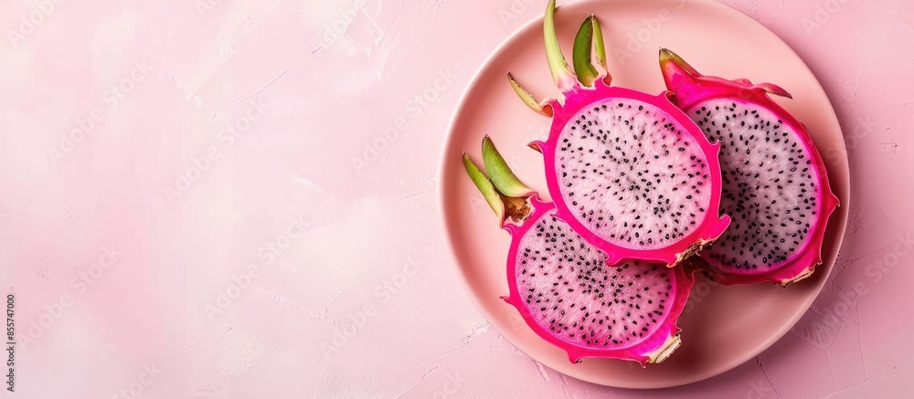 Poster dragon fruit slice on plate pastel background food. with copy space image. place for adding text or 