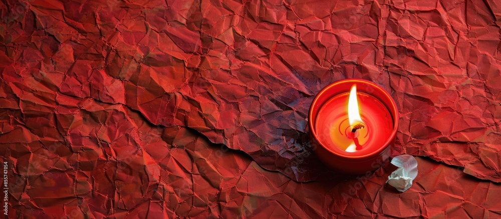 Poster Burning soy candle and wax flakes on crumpled red paper. with copy space image. Place for adding text or design