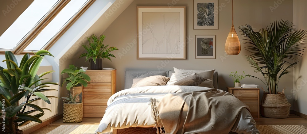 Poster Bedroom in modern student apartment with sky light. with copy space image. Place for adding text or design