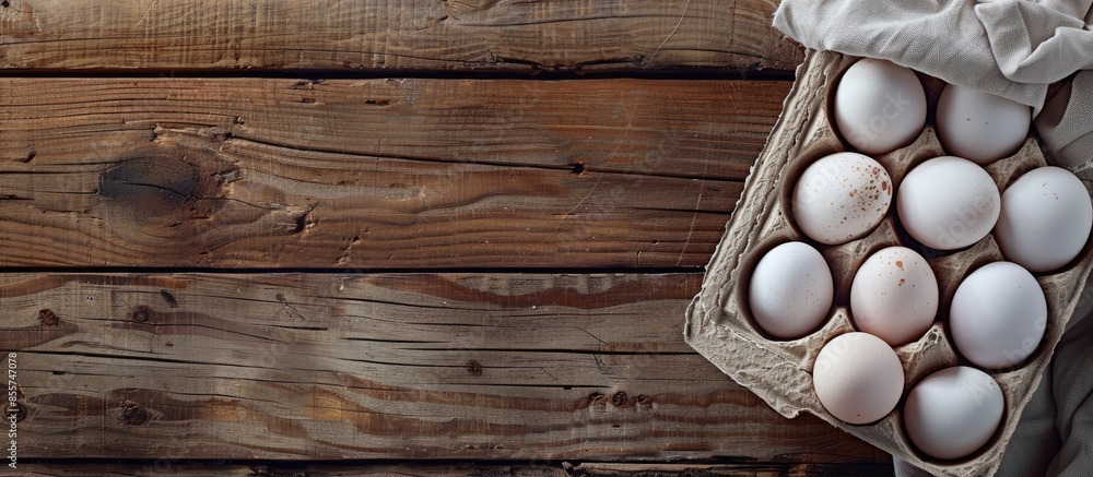 Leinwandbilder White eggs in a paper container on wooden boards. Cooking theme background. with copy space image. Place for adding text or design