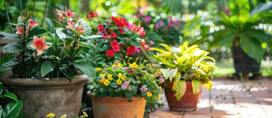 Medium sized potted plants in the garden. with copy space image. Place for adding text or design