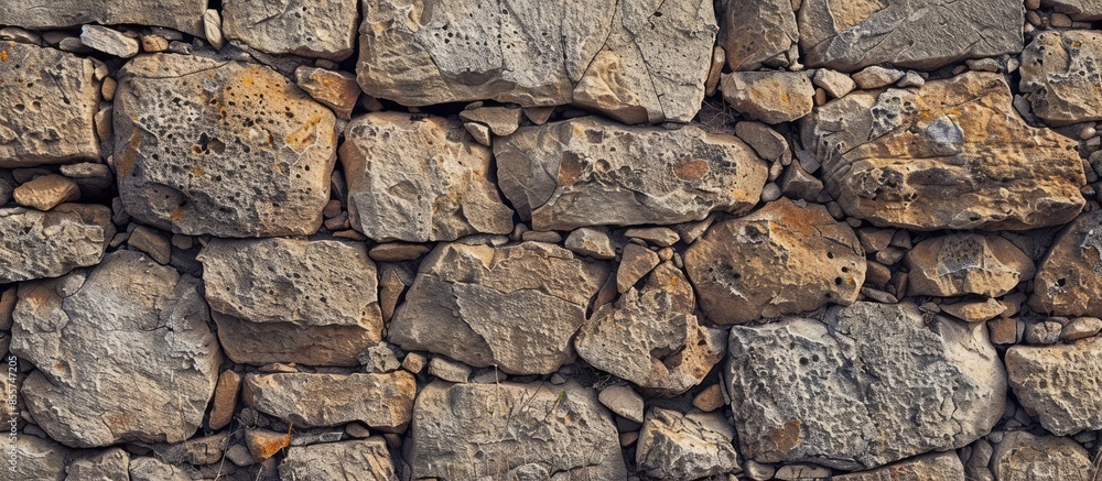 Poster An ancient old rough drystone wall. Background photo. Texture pattern. with copy space image. Place for adding text or design