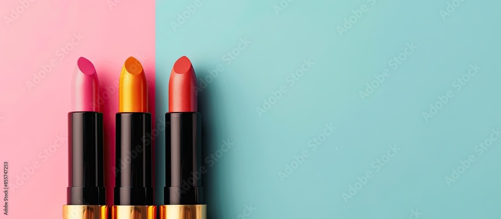 Aufkleber Colorful lipstick in creative package design Isolated on pastel background. with copy space image. Place for adding text or design