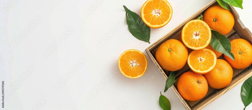 Poster fresh orange fruit with leaves in a wooden box isolated on white background, top view. copy space im