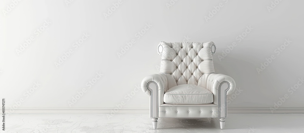 Poster ancient white leather armchair whit white wall background. with copy space image. place for adding t