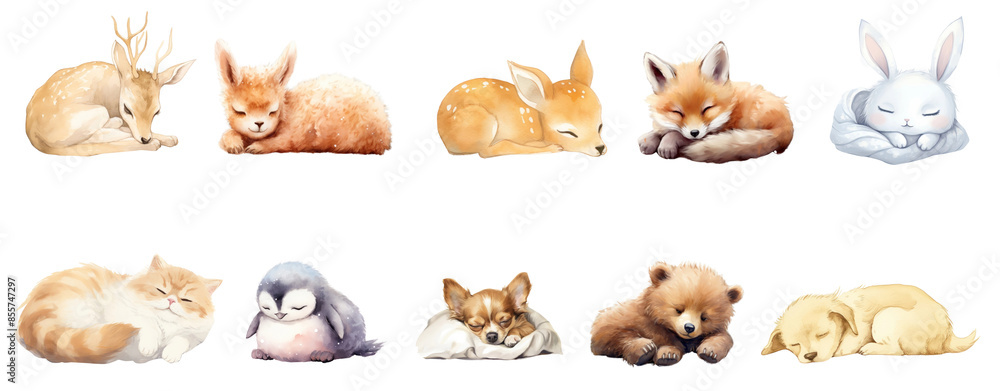 Poster PNG Watercolor drawing cute sleeping baby wild animal  cut out element set