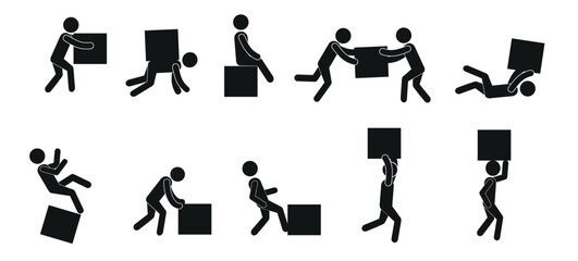 a set of flat illustrations of a man with a box, in different poses, carrying a box, moving, sitting on a box, pictogram