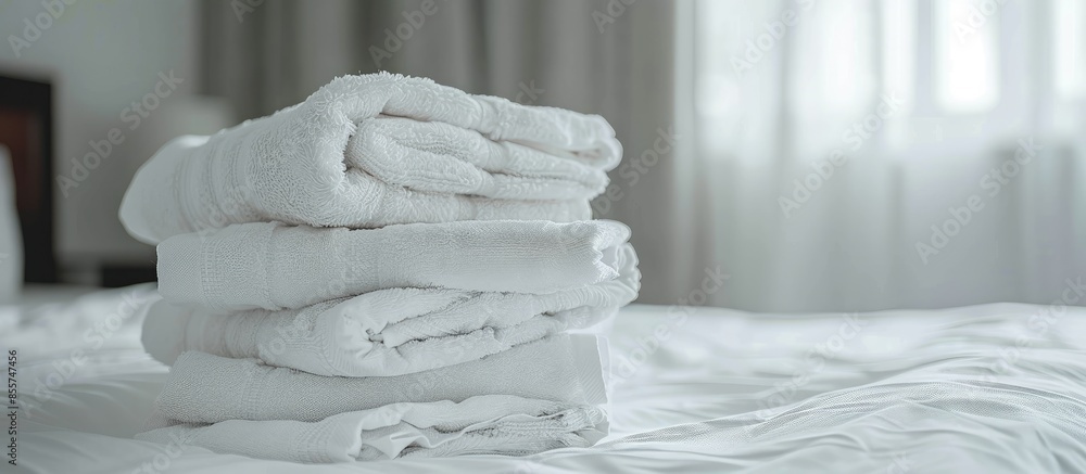 Aufkleber Stack of clean white towels on bed. Copy space image. Place for adding text or design