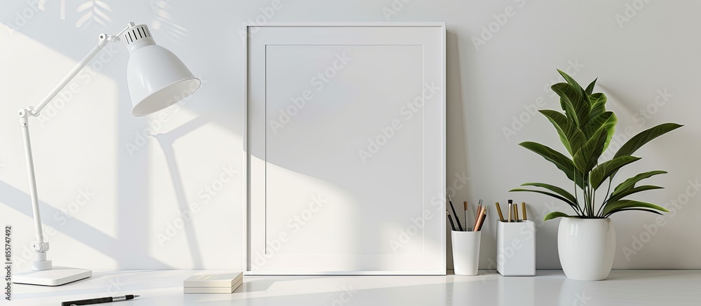 Aufkleber White frame mockup with a lamp and workspace accessories on a white table. Portrait orientation. with copy space image. Place for adding text or design
