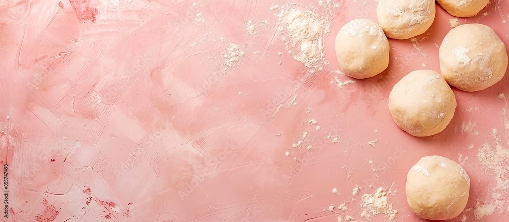 Poster pizza dough rolls on baking tray pastel background tray. with copy space image. place for adding tex