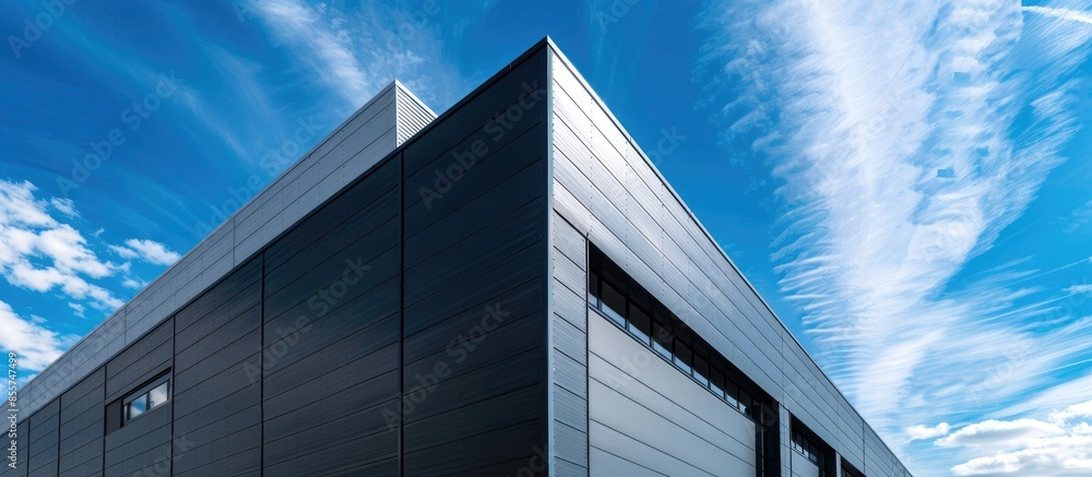 Poster low angle view of black and white corrugated metal factory buildings against blue sky background. wi