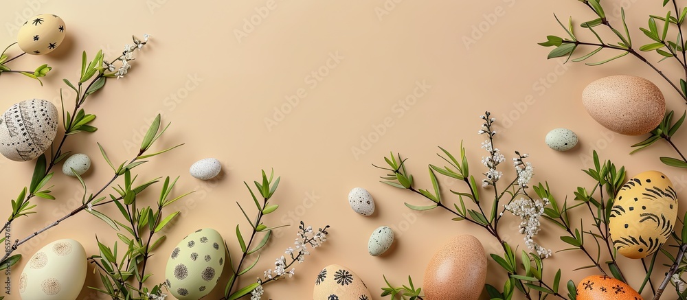 Poster Easter eggs and green branches on beige background. Copy space image. Place for adding text or design