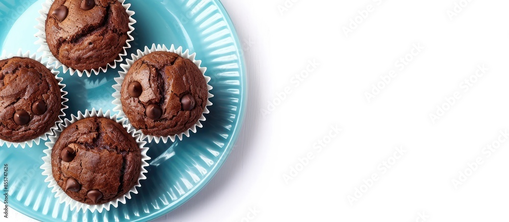 Aufkleber organic homemade vanilla chocolate butter cup cake muffin bread is on the blue plate and isolated on white background (clipping path included). with copy space image. Place for adding text or design