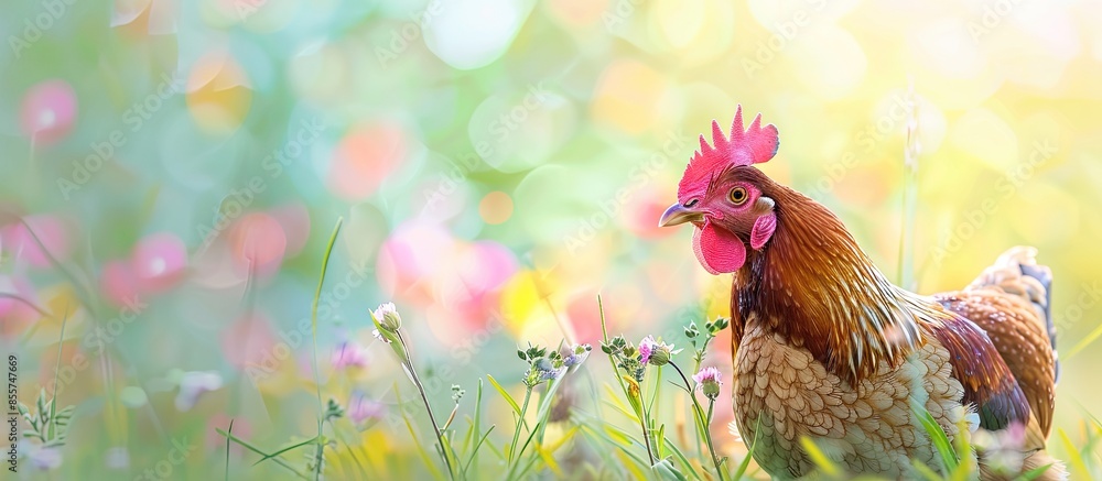Poster Hen eat dry grass in spring time pastel background  Food. with copy space image. Place for adding text or design