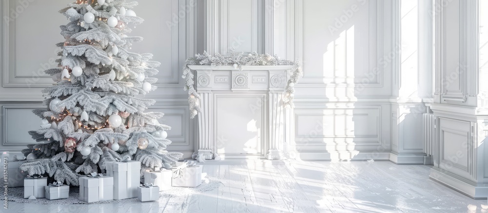 Poster christmas tree with gifts in the interior of the white room santa decor for the new year. with copy 