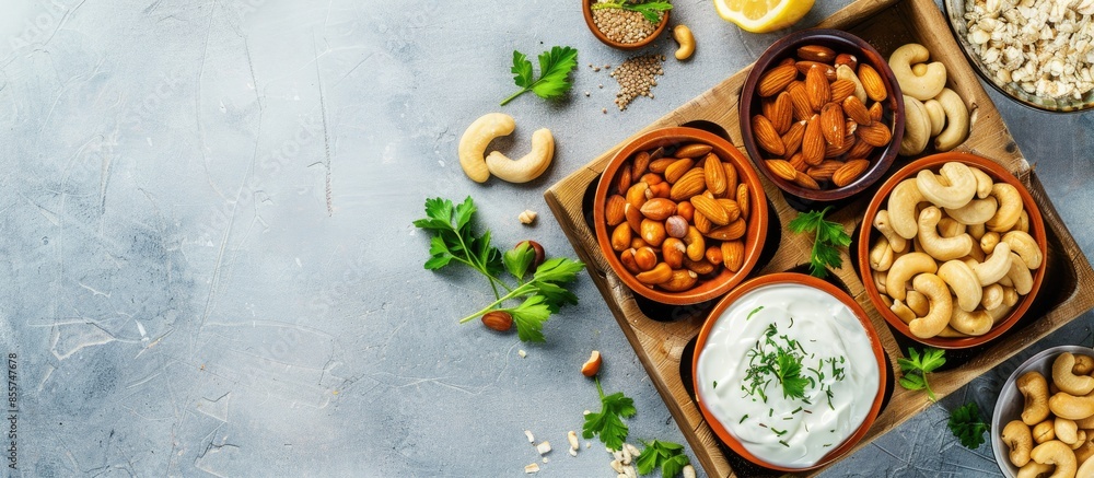 Leinwandbilder tray with cashew sour cream, nuts and lemon juice on light background, closeup. copy space image. pl