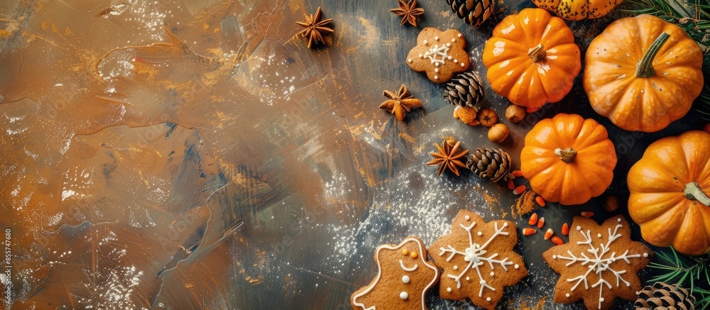 Poster Beautiful gingerbread for Halloween and fresh pumpkin on the table. horizontal view from above. Copy space image. Place for adding text or design