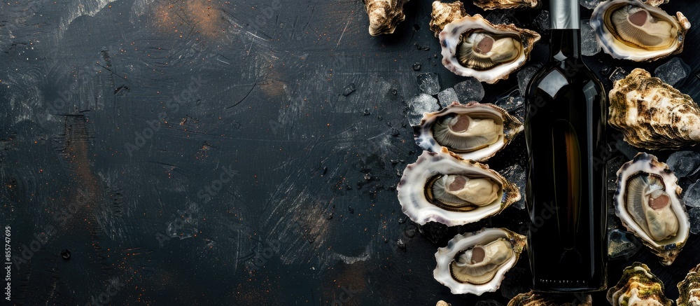 Poster Bottle of aged wine and fresh oysters on a dark kitchen table. Seafood. Top view. Flat lay. Copy space image. Place for adding text or design