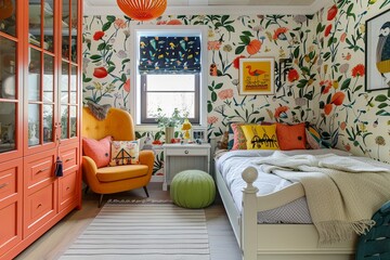 A cheerful and bright childs bedroom with floral wallpaper, an orange cabinet, a yellow armchair, and a white bed. Generative AI