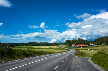 Scandinavian rural landscape, Asphalt road with white markings going through picturesque farmland with farm houses by the forest, Summer sunny day, Västra Götaland County, Sweden