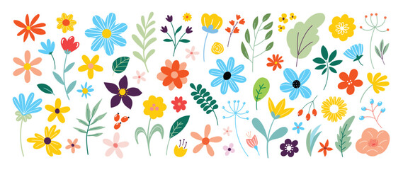 collection of spring colorful flower elements vector. Set floral of wildflower, leaf branch, foliage on white background. Hand drawn blossom illustration for decor, easter, sticker, clipart, print.