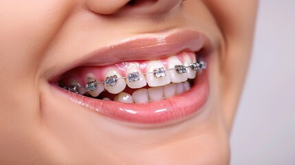 Obraz premium Close-Up of Woman's Smile with Braces: Professional Dental Orthodontic Photo