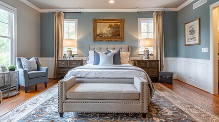 A beautiful bedroom showcasing a complete transformation with newly painted walls, new furniture, and stylish decor. Generative AI