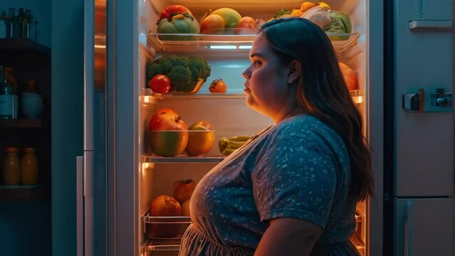 A very fat girl at night near the refrigerator