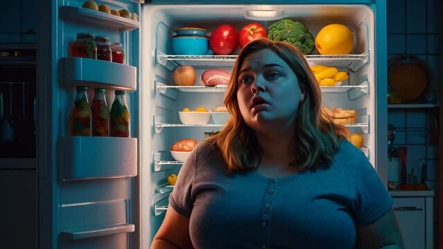 A very fat girl at night near the refrigerator