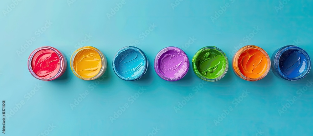 Poster Multicolored gouache on an blue background. A set of gouache paint cups or in jars for creating art. Be colorful concept. . with copy space image. Place for adding text or design