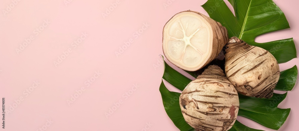 Aufkleber whole and half taro root with leaf isolated on pastel background. with copy space image. place for a