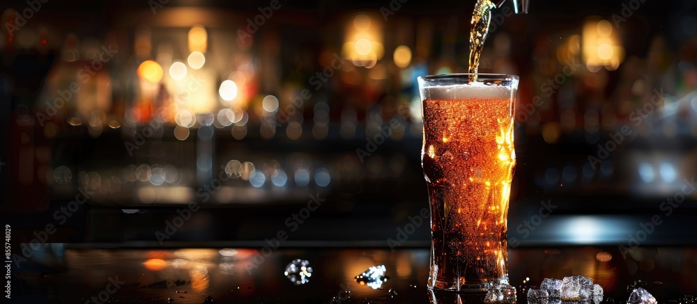 Poster beer pouring into glass in a bar. copy space image. place for adding text or design