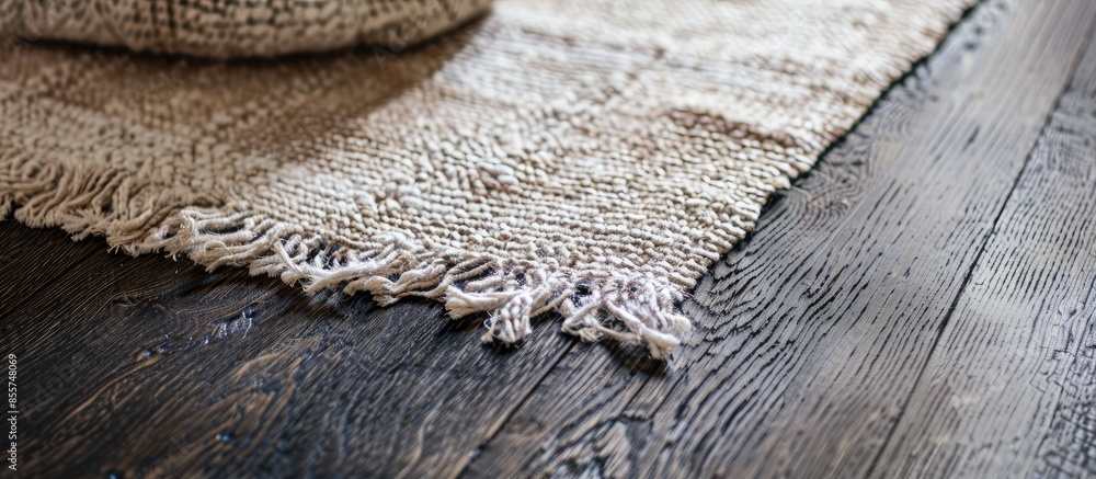 Poster beige carpet with fringe on dark wooden floor, texture close up. with copy space image. place for ad