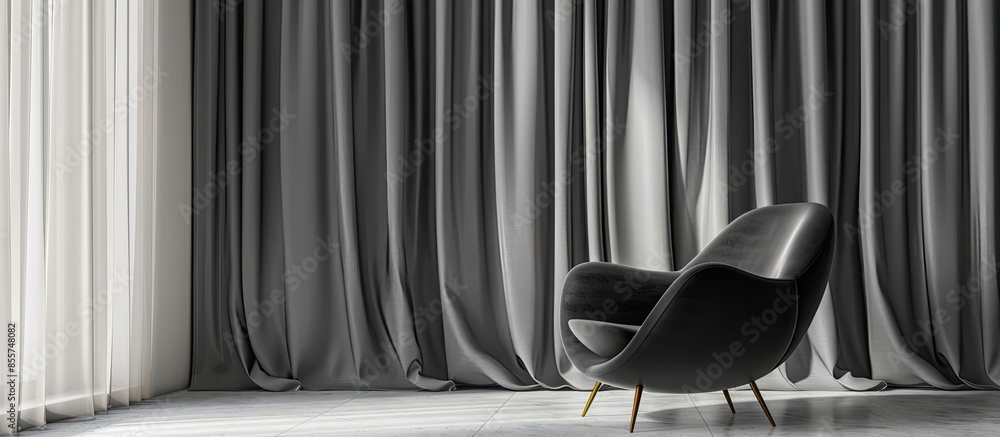Poster stylish black chair on grey curtains background. with copy space image. place for adding text or des