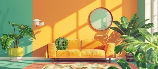 Interior design. Interior shots of a flat. Living room scene with a couch, mirror, plants and a carpet. with copy space image. Place for adding text or design