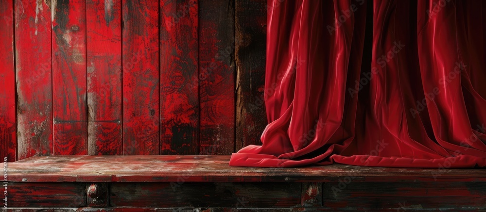 Poster Red curtains and old vintage wooden table. Copy space image. Place for adding text or design