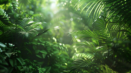 A lush green jungle with sunlight shining through the leaves