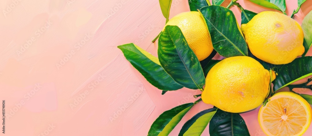 Poster Sicilian lemon with leaves pastel background  Food  Isolated. with copy space image. Place for adding text or design