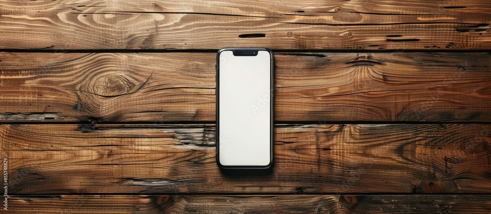 Poster Top view of a modern smartphone with large screen on vintage wooden table. Blank empty display. with copy space image. Place for adding text or design