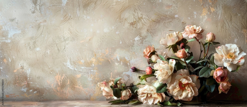 Poster flowers on a table in a living house. with copy space image. place for adding text or design