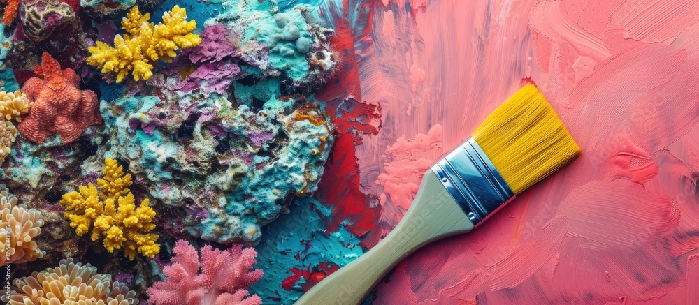 Poster new yellow paint brush on a living coral background. with copy space image. place for adding text or
